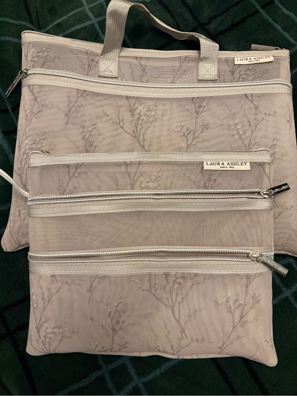 Laura Ashley Neutral Taupe Floral Zippered Travel Pouch Set